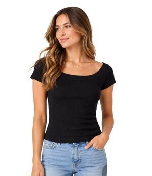 Missguided Women's Black Poly/Viscose Ribbed Knit Scoop Neck Short Sleeve T-Shir